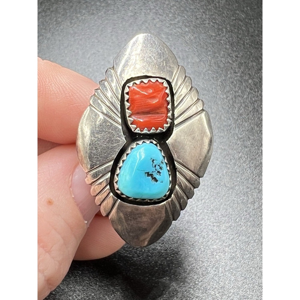 Vintage Native American Navajo Turquoise And Coral Silver Ring Signed S Dickens